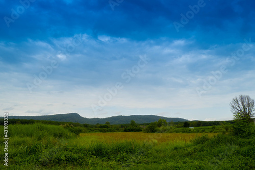 landscape view with blue,black,red sky and green mountain.