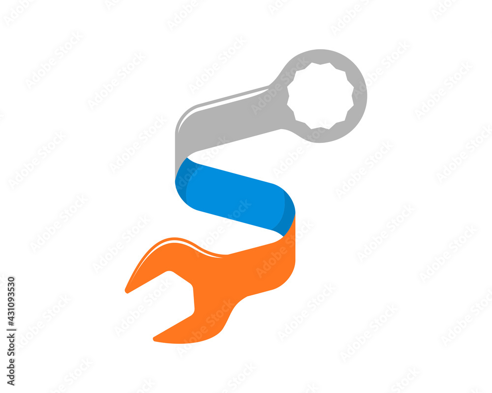 S Letter ribbon with wrench repair shape logo S Letter ribbon with wrench repair shape logo