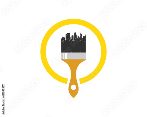 Yellow circle shape with city building and paint brush
