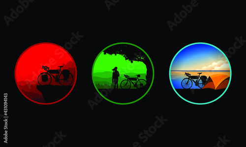 Set of bicycle camping icon. Vacations outdoors with bicycles. Vector illustration