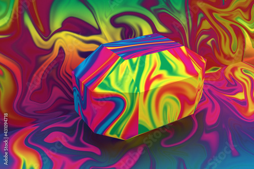 A 3d rendering of a psychedelic cubed shape.
