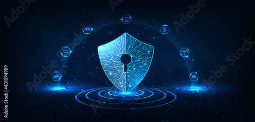 Digital Data Protection Concept.Security shield icon digital display over on dark blue background.Technology for online data access defense against hacker and virus.Internet security concept.