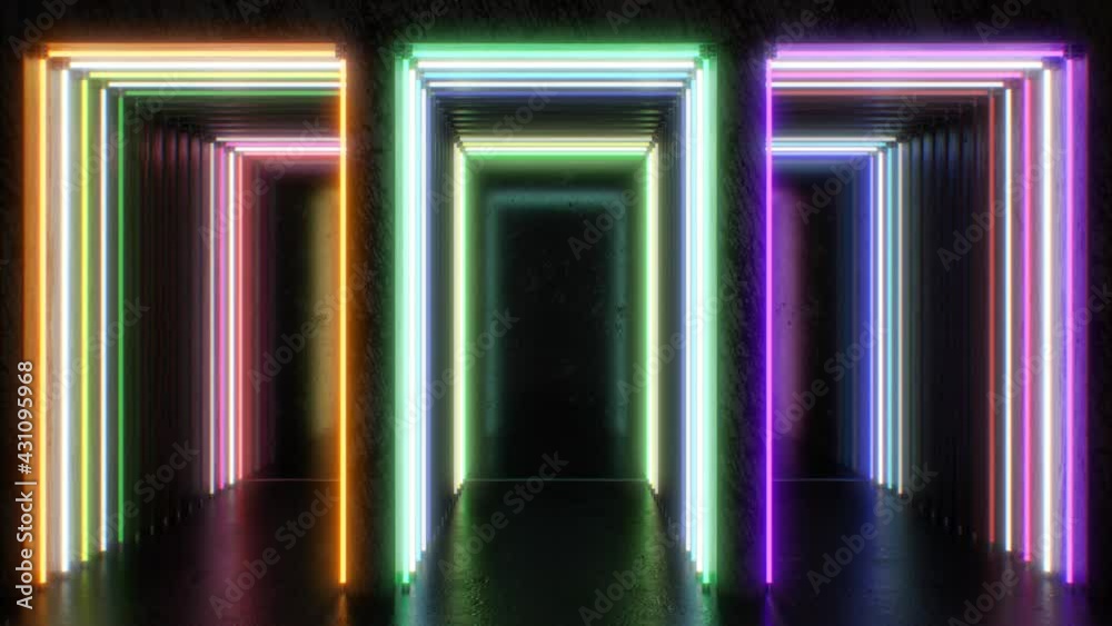 Flashing Rainbow Neon Lights Laser Flicker Corridor Tunnels Shine 4K