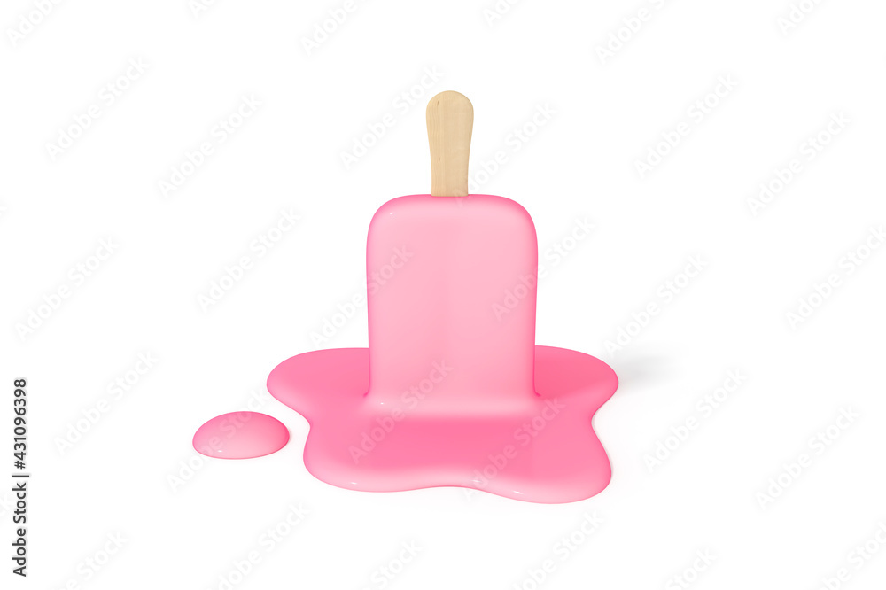 Pink stick ice cream melting on white background 3d rendering. 3d illustration Summer minimal concept. Pink stick ice cream melting on white background 3d rendering. 3d illustration Summer minimal concept.