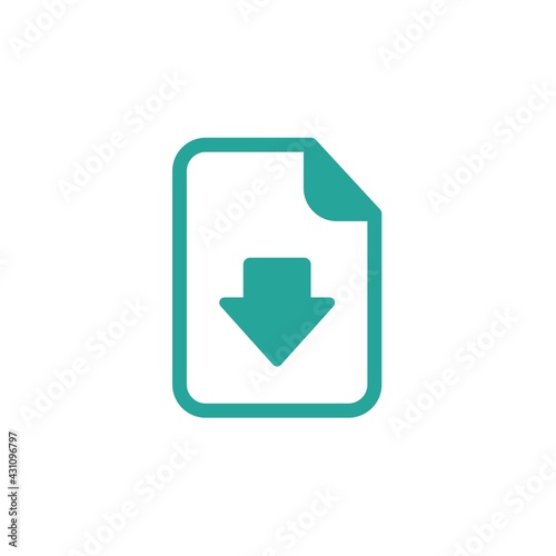 blue rounded down arrow with document sheet icon. Isolated on white. Upload document icon.