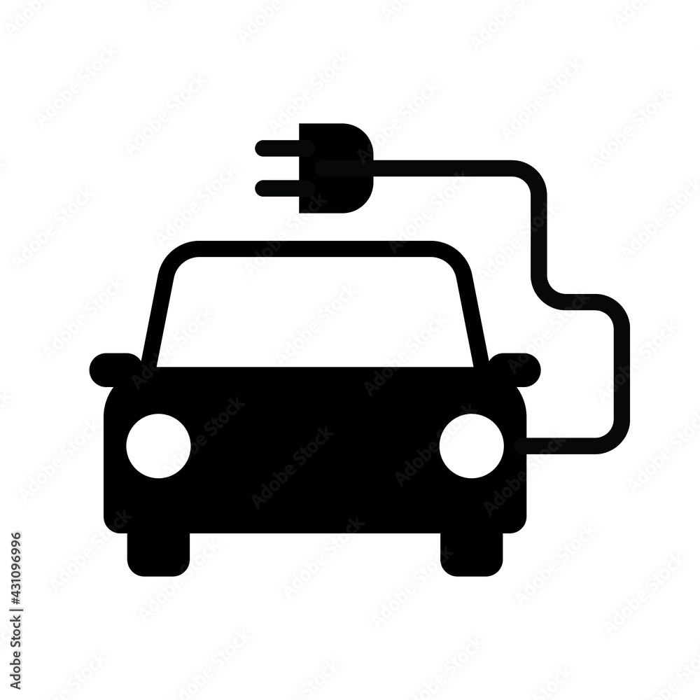 Electric car with plug icon symbol, Green hybrid vehicles charging point logotype, Eco friendly vehicle concept, Vector illustration Electric car with plug icon symbol, Green hybrid vehicles charging point logotype, Eco friendly vehicle concept, Vector illustration