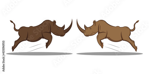 Two color of big brown Rhino Jumping or Fighting in the air drawing in cartoon vector