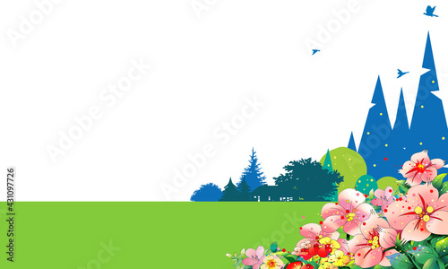 ツツジの咲く背景イラスト