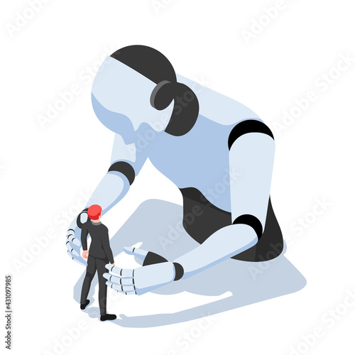 Isometric Businessman Facing with Against Ai Robot