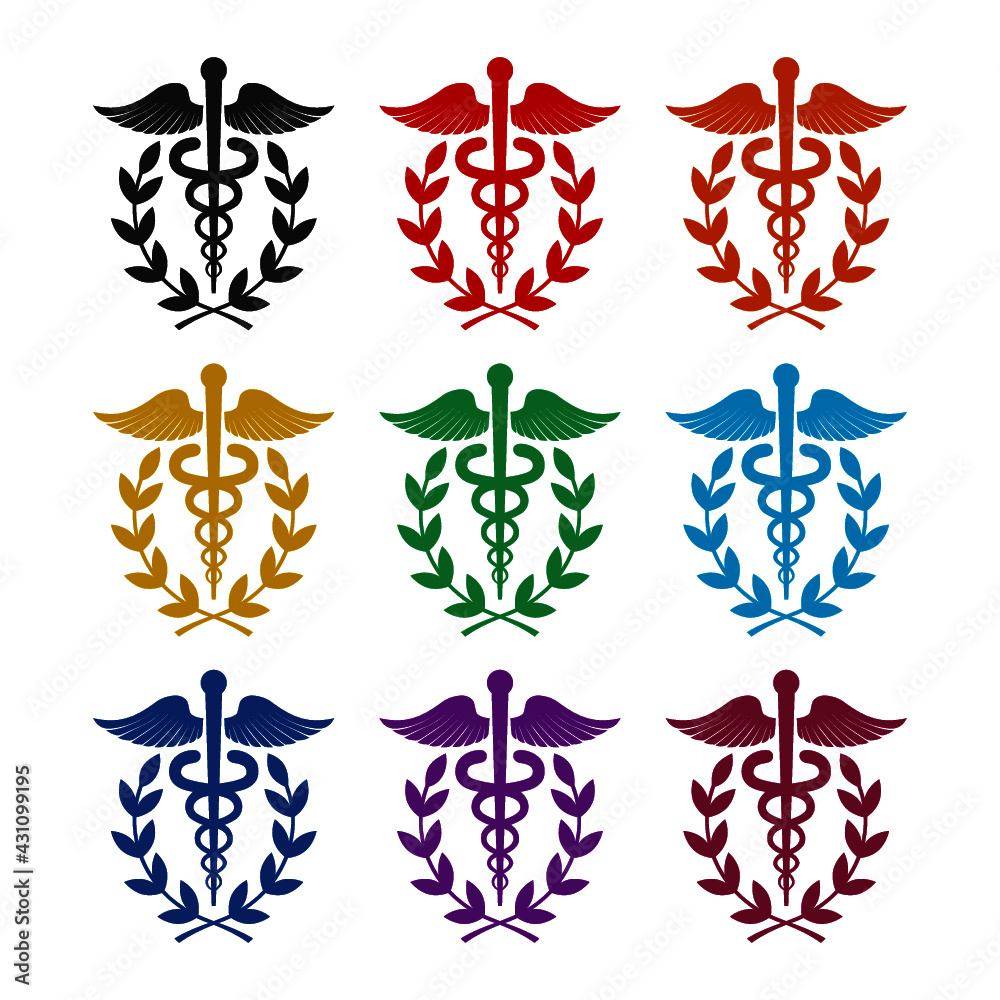 Caduceus symbol icon isolated on white background color set