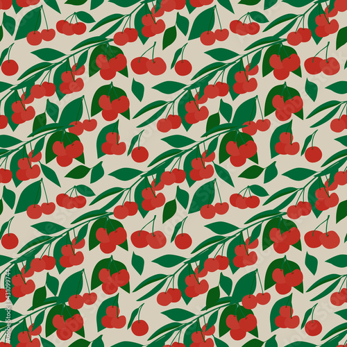 Colorful pattern with cherries on a soft green background.