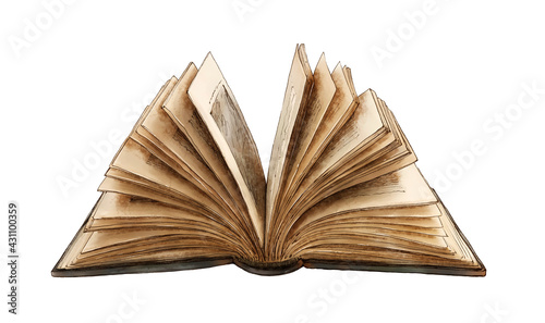 Watercolor open book isolated on white background. Old vintage retro book. Hand painted watercolor illustration.