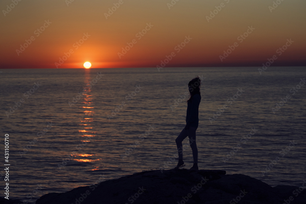 Travel woman silhouette mountains nature sunset landscape
