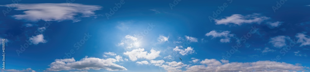 Blue sky panorama with Cirrus clouds in Seamless spherical equirectangular format. Full zenith for use in 3D graphics, game and editing aerial drone 360 degree panoramas for sky replacement. Blue sky panorama with Cirrus clouds in Seamless spherical equirectangular format. Full zenith for use in 3D graphics, game and editing aerial drone 360 degree panoramas for sky replacement.