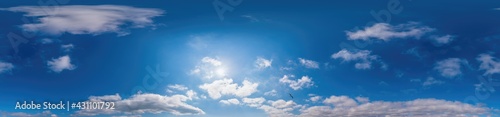 Blue sky panorama with Cirrus clouds in Seamless spherical equirectangular format. Full zenith for use in 3D graphics, game and editing aerial drone 360 degree panoramas for sky replacement. © svetograph