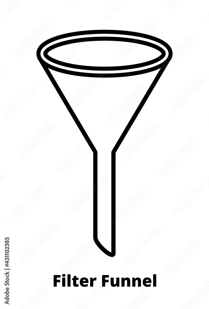 Vector line or outline black and white icon of laboratory plain filter funnel with stroke isolated on a white background. Funnel with short neck – cone-shaped triangular funnel. Laboratory glassware. Vector line or outline black and white icon of laboratory plain filter funnel with stroke isolated on a white background. Funnel with short neck – cone-shaped triangular funnel. Laboratory glassware.