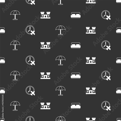 Set Hotel room bed, Clock with airplane, Sun protective umbrella and Sand castle on seamless pattern. Vector