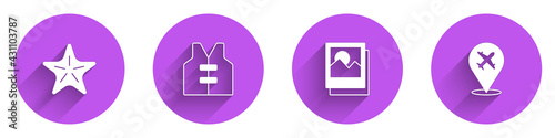 Set Starfish, Life jacket, Photo and Plane icon with long shadow. Vector