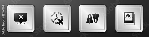 Set Speech bubble with airplane, Clock, Rubber flippers for swimming and Photo icon. Silver square button. Vector