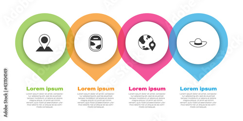 Set Location, Airplane window, the globe and Elegant women hat. Business infographic template. Vector