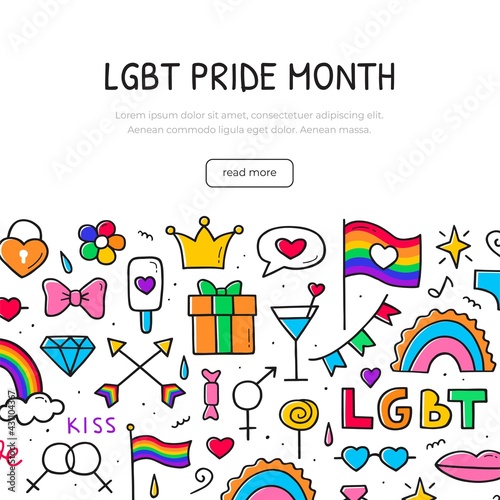 LGBT pride month concept. Banner template in color. Hand drawn doodle sketch. Vector composition design.