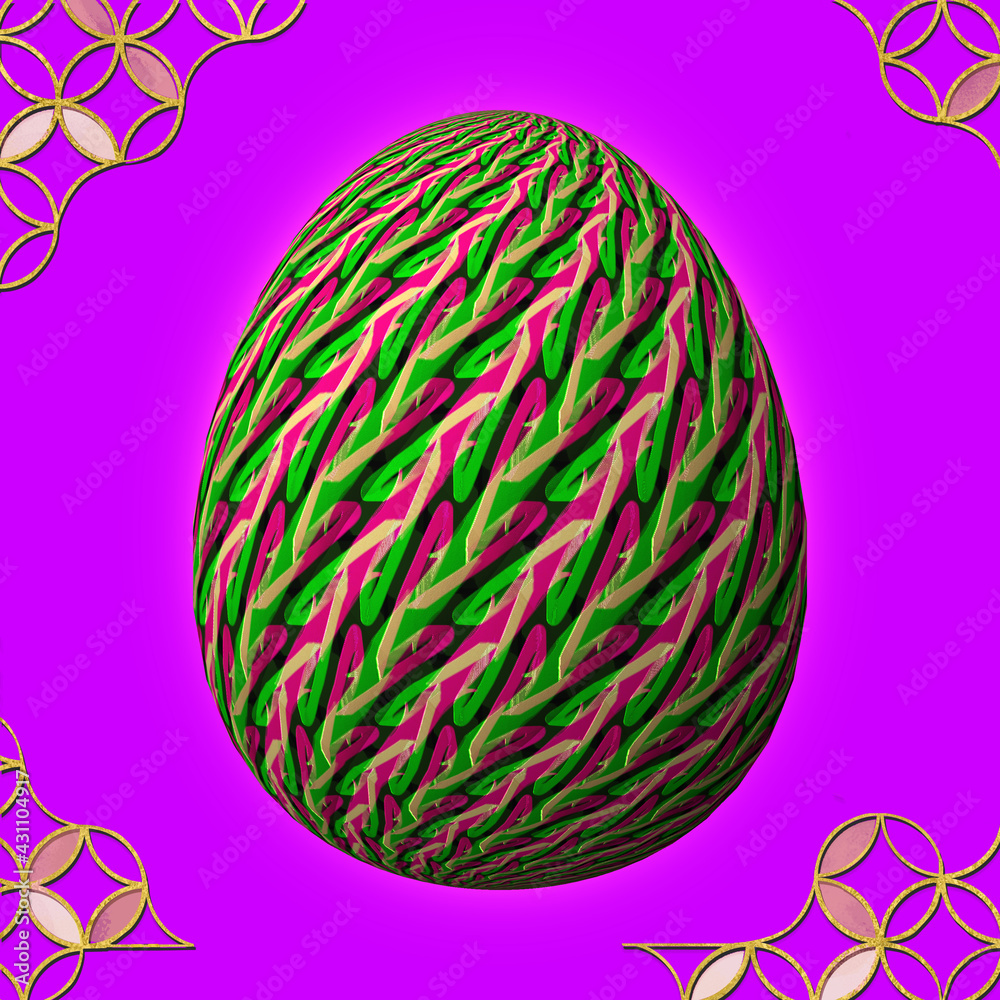 Fototapeta premium Happy Easter, Artfully designed and colorful 3D easter egg, 3D illustration on purple background with frame