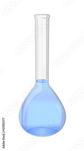 Vector illustration of chemical or medical transparent glass laboratory volumetric flask filled with blue liquid, measuring flask, graduated flask icon isolated on white. Laboratory glassware.