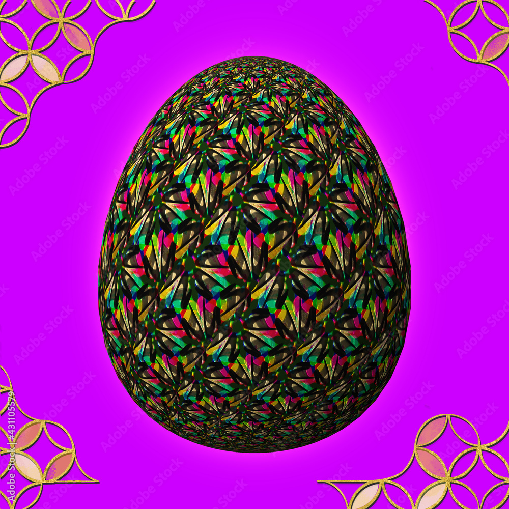 Happy Easter, Artfully designed and colorful 3D easter egg, 3D illustration on purple background with frame Happy Easter, Artfully designed and colorful 3D easter egg, 3D illustration on purple background with frame
