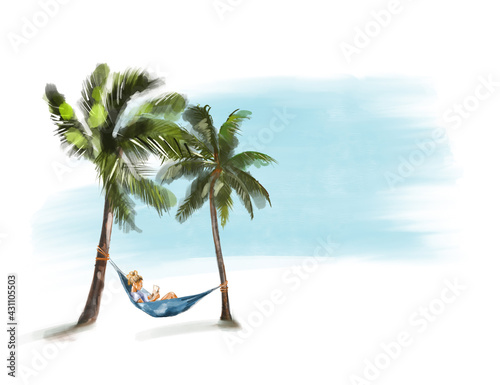illustration a girl with a book lies in a hammock between two palm trees by the sea. isolated on a white background