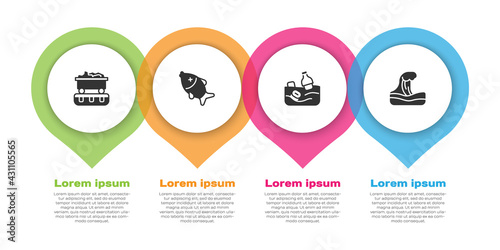 Set Coal train wagon, Dead fish, Problem pollution of the ocean and Tsunami. Business infographic template. Vector