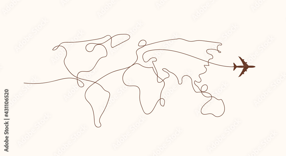 Fototapeta premium Travel by plane concept with top view airplane silhouette with single line path shaped world map behind it. Isolated on white background. Travel or vacation concept. Minimalistic vector illustration.