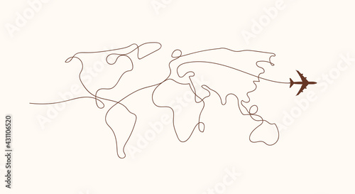 Travel by plane concept with top view airplane silhouette with single line path shaped world map behind it. Isolated on white background. Travel or vacation concept. Minimalistic vector illustration.