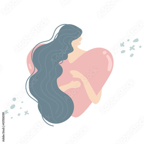 Young woman hugs a big heart with love and care. Girl with long hair holds pink heart in hands. Self care and body positive concept. Feminism, fight for your rights, girl power concept. Fall in love