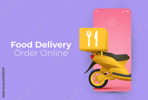 Trendy minimalistic food delivery service or online food order application  banner design template with smartphone screen and delivery scooter or it. Vector illustration