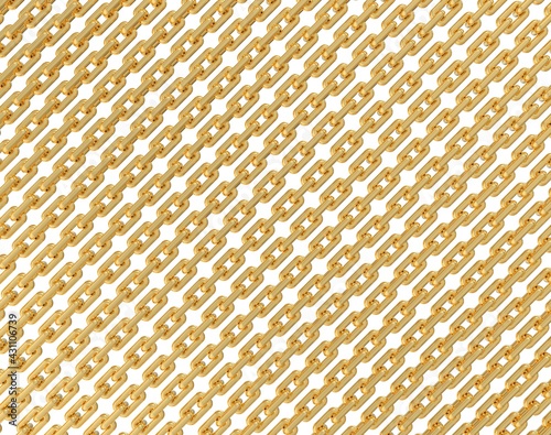 Anchor golden chain on white background. Chains texture Background. Pattern chain in diagonal pattern. Ship chain. 3D illustration.