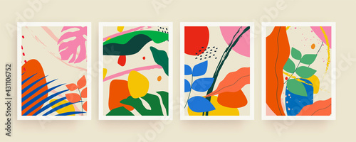 Bight colorful trendy minimalistic summer background set with abstract tropical leaves and abstract hand drawn shapes for flyer or brochure cover or banner design. Vector illustration