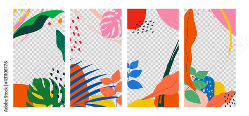 Set of creative spring or summer social media stories background templates with minimal abstract bright colorful shapes and tropical leaves. Vector illustration