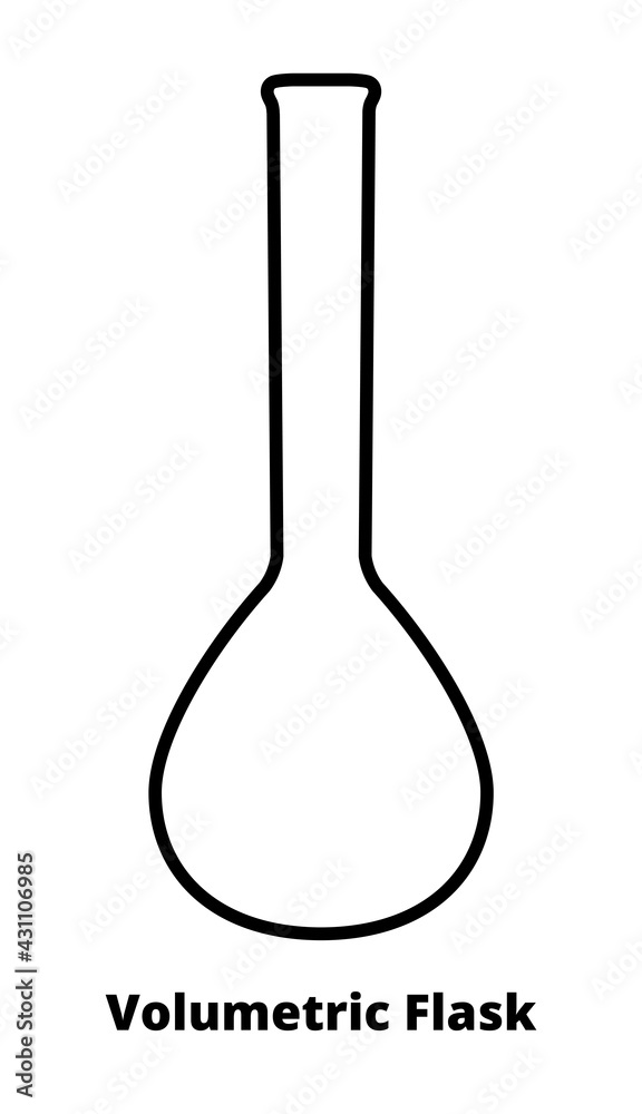 Vector line or outline black and white icon of laboratory volumetric flask, measuring flask, graduated flask isolated on white background.  Laboratory glassware used for the preparation of solutions.