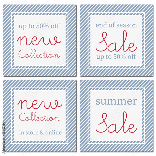 vintage summer sale elegant blue red and white stripy poster and banner with cursive lettering