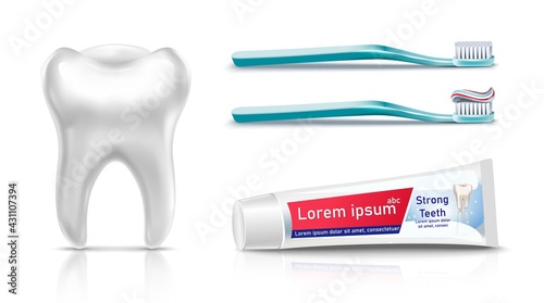 3d realistic vector dentistry set with white tooth, tooth paste and tooth brushes. Isolated on white background.