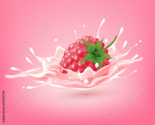Raspberry sweet pink milk with berries and splashes realistic, Fruit and yogurt.