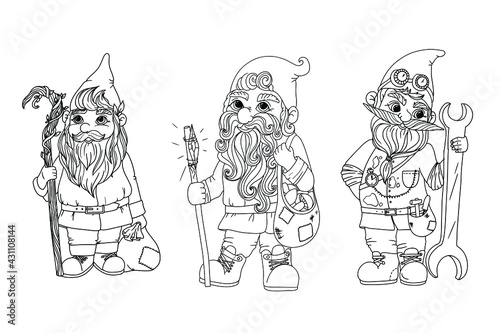 Garden gnomes set. Coloring book with gnomes. A magical creature. Vector illustration isolated on white background.
