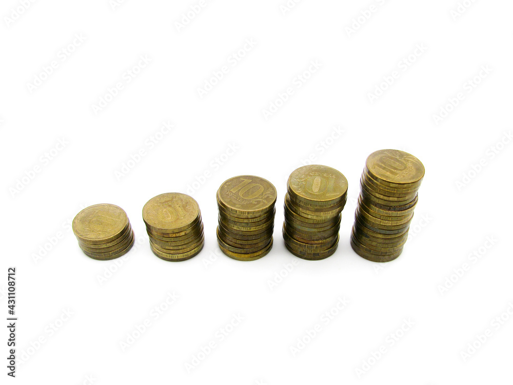 Columns of coins arranged in ascending order on a white background. The Russian coin is ten rubles. Columns of coins arranged in ascending order on a white background. The Russian coin is ten rubles.