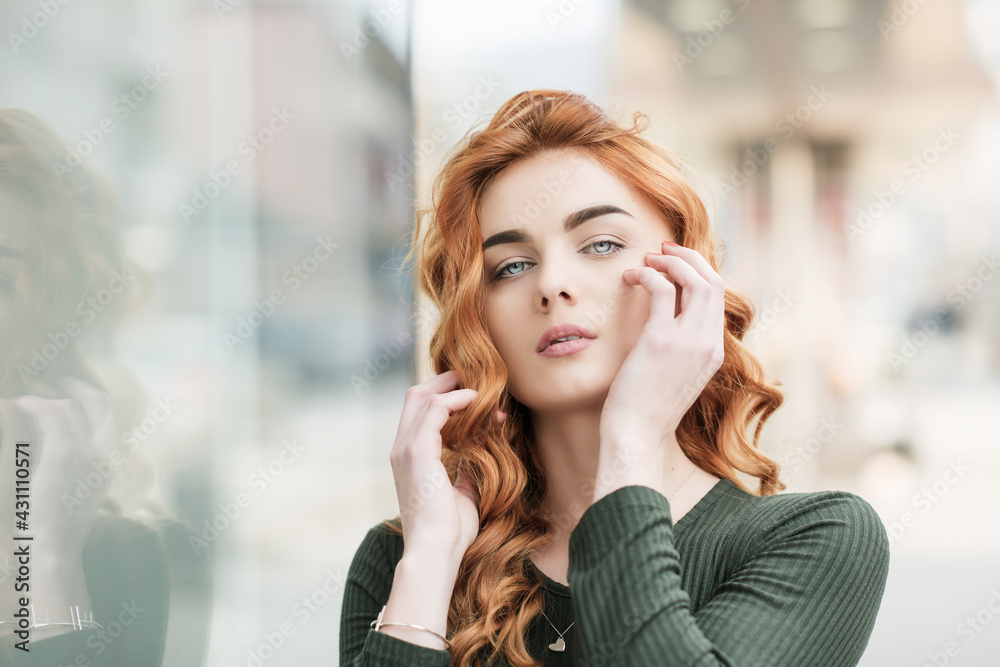 close up portrait of women attractive looks, red hair woman, behind it is abstract blur background close up portrait of women attractive looks, red hair woman, behind it is abstract blur background