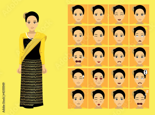 Manga Style Myanmar Rakhin Woman Clothes Cartoon Character Emotion