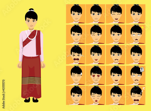 Manga Style Myanmar Mon Woman Clothes Cartoon Character Emotion