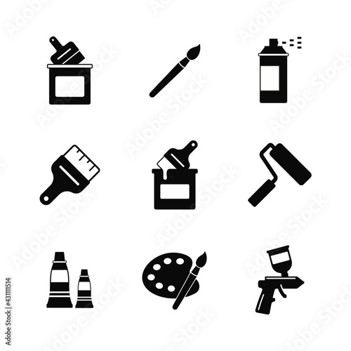 Simple set of brushes and painting related vector icons. Contains such icons as color palette, paint roller, paint bucket, spray, and more.