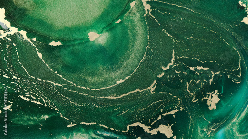 Close-up emerald ink with gold waves spread like an ocea, top view. Abstract fluid art. Goldish islands, golden sand on green ink spread. Amazing texture, background. Sparkling paints
