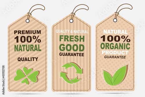Eco friendly carton tags with grunge effect. Shop organic bio farm vector paper labels. Sale eco tag, paper organic label cardboard illustration
