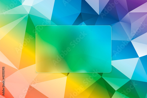 Low poly abstract multicolor background with plate for text - glass morphism or frosted glass effect.
